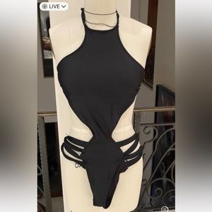 One piece sexy black bathing suit with high neck M